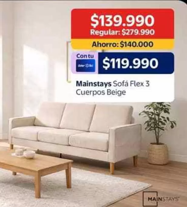 Mainstays - Sofa Flex 3 Cuerpos Beige