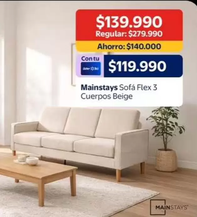 Mainstays - Sofa Flex 3 Cuerpos Beige
