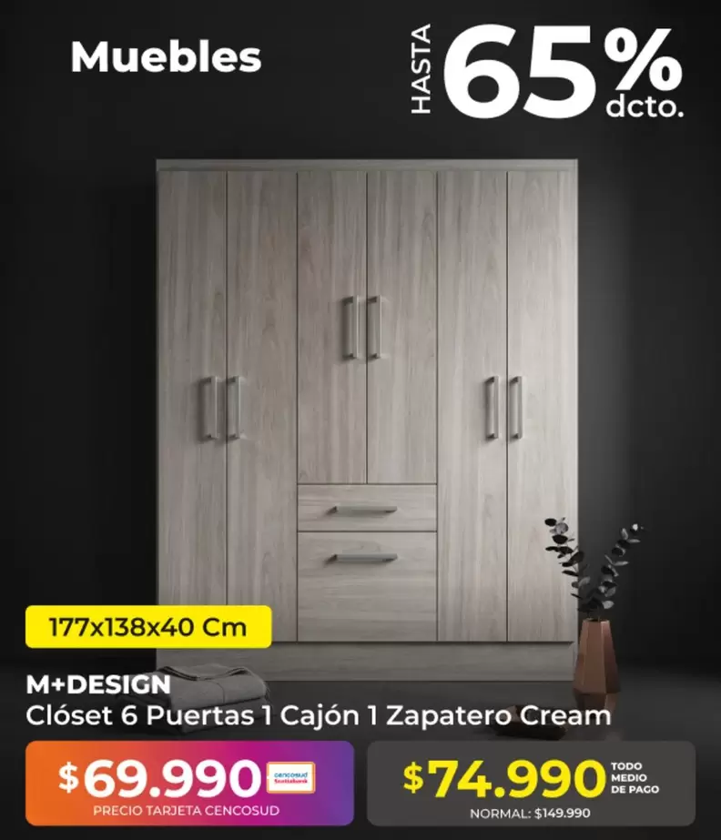 Tarjeta Cencosud - Closet 6 Puertas 1 Cajon 1 Zapatero Cream