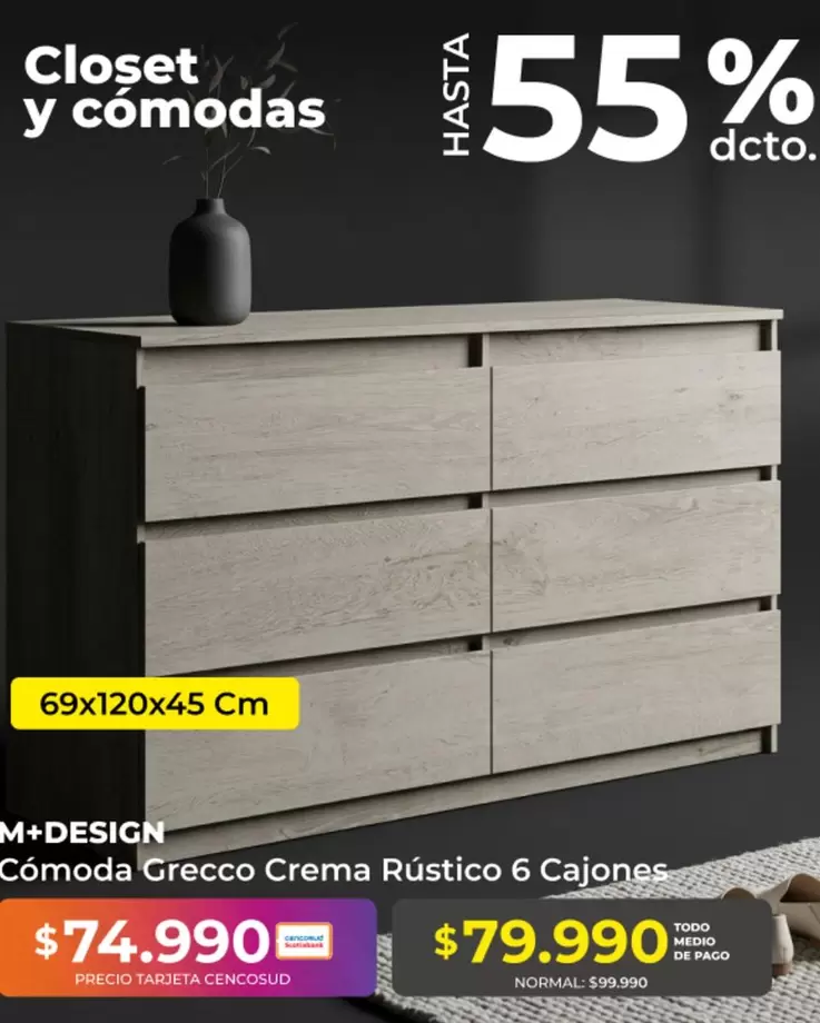Tarjeta Cencosud - Cómoda Grecco Crema Rústico 6 Cajones