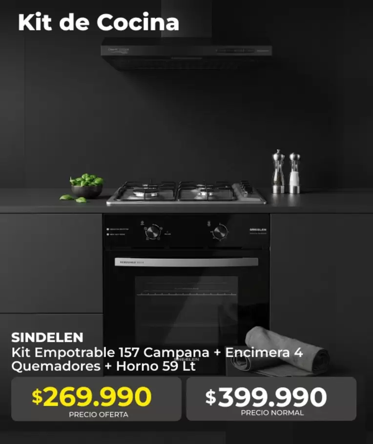 Sindelen - Kit Empotrable 157 Campana + Encimera 4 Quemadores + Horno 59 Lt