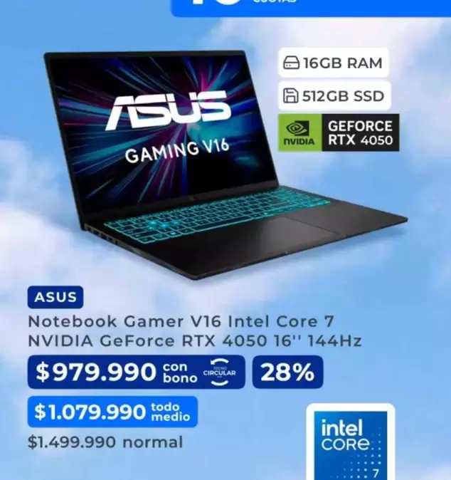 Asus - Notebook Gamer V16 Intel Core 7 NVIDLA RTX 4050 16" 144HZ