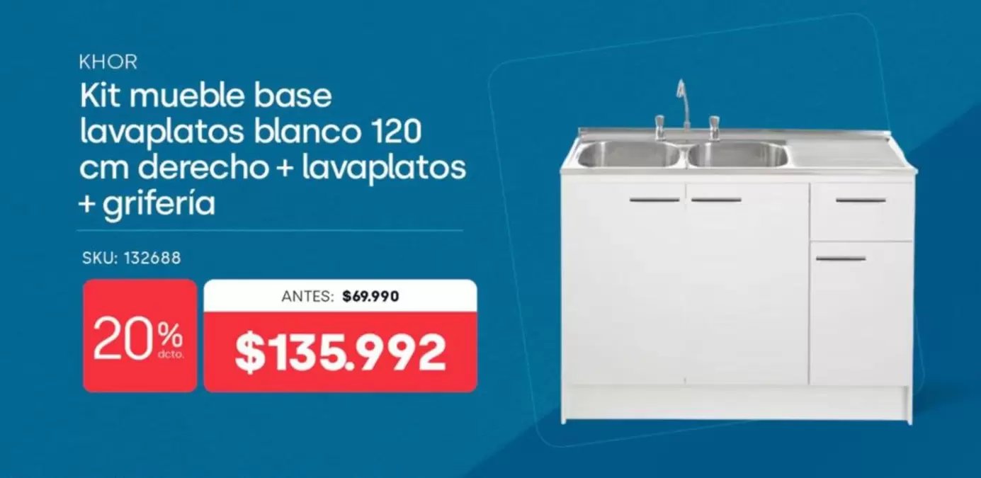 120 - Kit Mueble Base Lavaplatos Blanco  Cm Derecho + Lavaplatos + Griferia