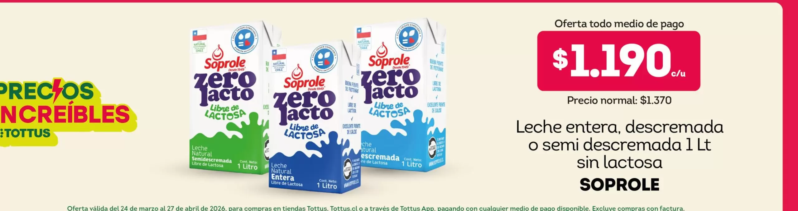 Soprole - Leche Entera, Descremado O Semi Descremzada Sin Lactosa