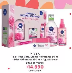 Nivea - Pack Rose Care, Crema Hidratante + Mist Hidratante + Agua Micelar Bifascia