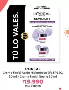 L'Oréal - Crema Facial Acido Hialuronico Fps20, 50 Ml + Crema Facial Noche