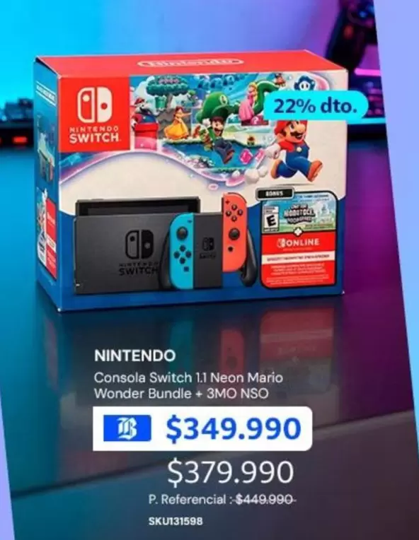 Consola Switch 1.1 Neon Mario Wonder Bundle + 3mo Nso