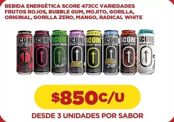 Score - Bebida Energética Variedades Frutos, Bubble Gum, Mojito, Gorilla, Original, Gorilla Zero, Mango, Radical White