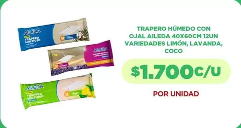 Trapero Humedo Con Ojal Aidea 40x60cm 12un Varieades Limon, Lavanda, Coco
