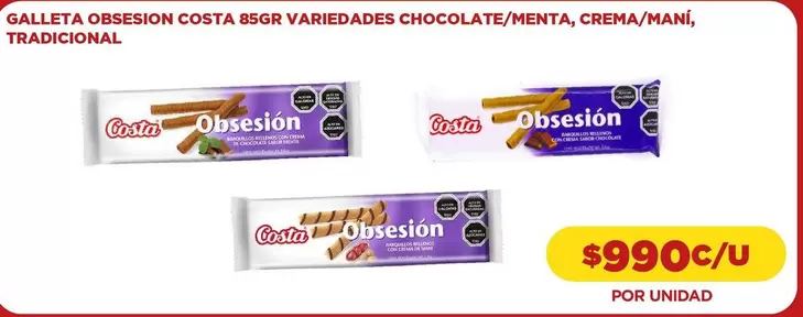 Costa - Galleta Obsemon 85gr Chocolate/menta, Crema/mani, Tradicional