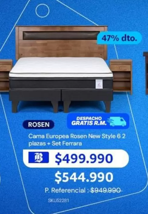 Rosen - Cama Europeo  New Style 6 2 Plazas + Set Ferrara