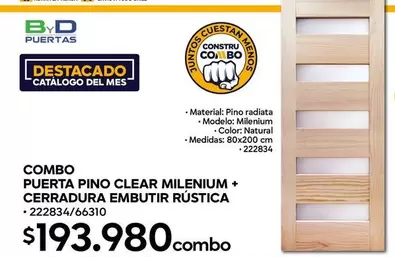 Clear - Combo Puerta Pino Millenium + Cerraadura Embutir Rustica