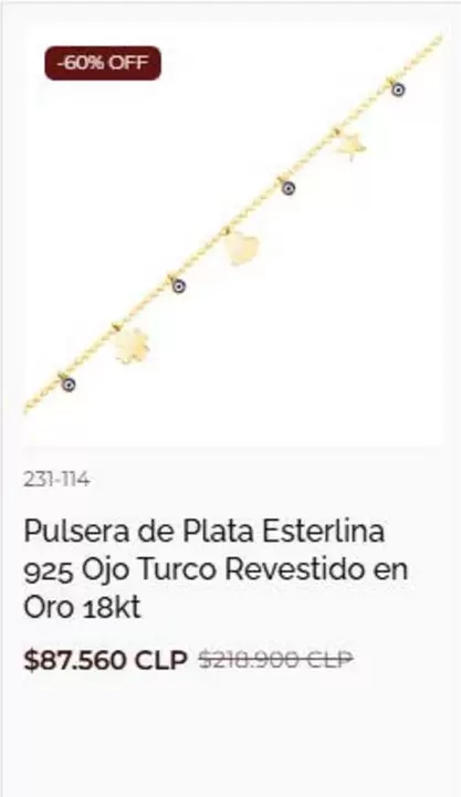 Pulsera De Plata Esterlina 925 Ojo Turco Revestido En Oro