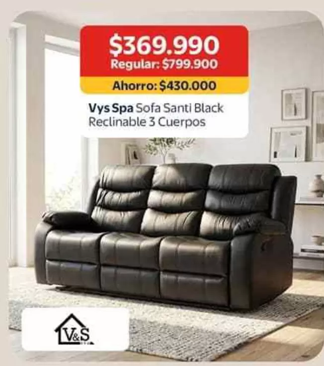 Spa Sofa Santi Black Reclinable 3 Cuerpos