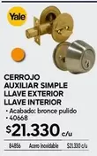 Yale - Cerrojo Auxiliar Simple Llave Exterior Llave Interior