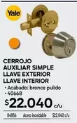 Yale - Cerrojo Auxiliar Simple Llave Exterior Llave Interior