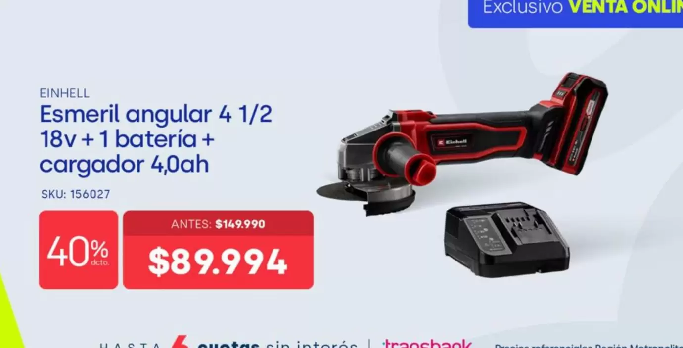 Einhell - Esmeril Angular 4 1/2 18+ + 1 Bateria + Cargador 4,0ah