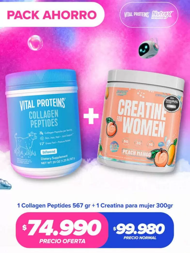 Vital - 1 Collagen Peptides 567g + 1 Creatina Para Mujer