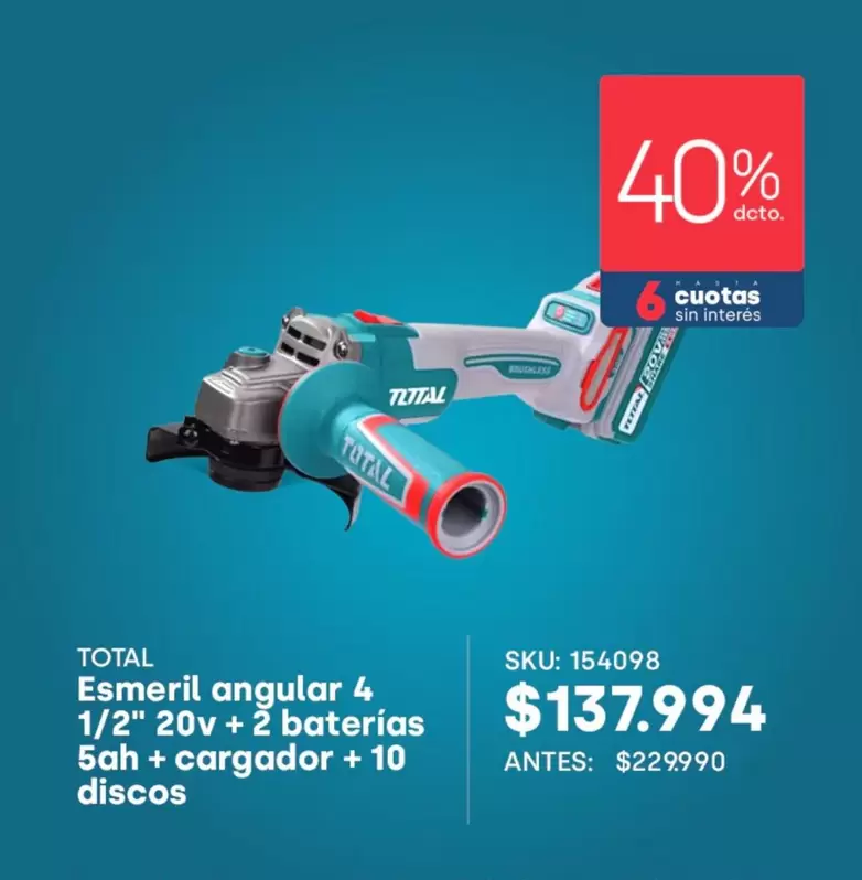 Esmeril angular 4 1/2" 20V + 2 baterías 5th + cargador + 10 discos