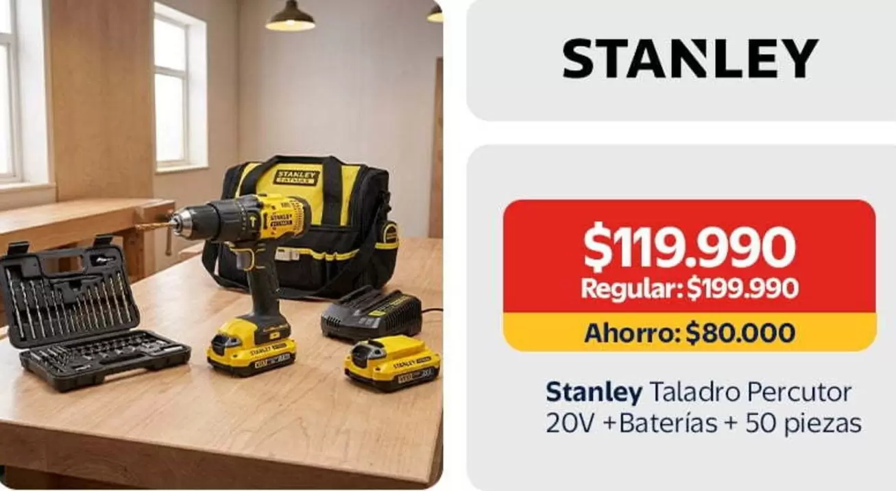 Stanley - Taladro Percutor + Baterias + 50 Piezas