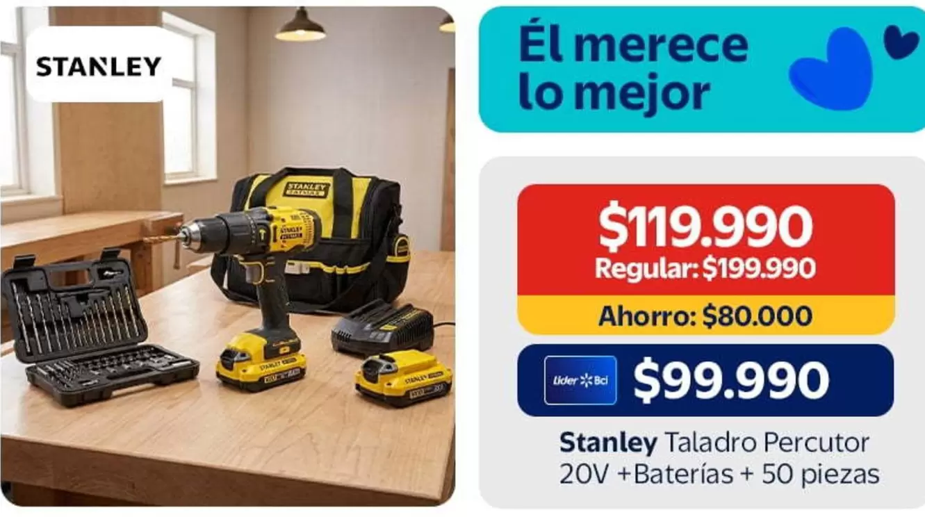 Stanley - Taladro Percutor 20V + Baterias + 50 Piezas