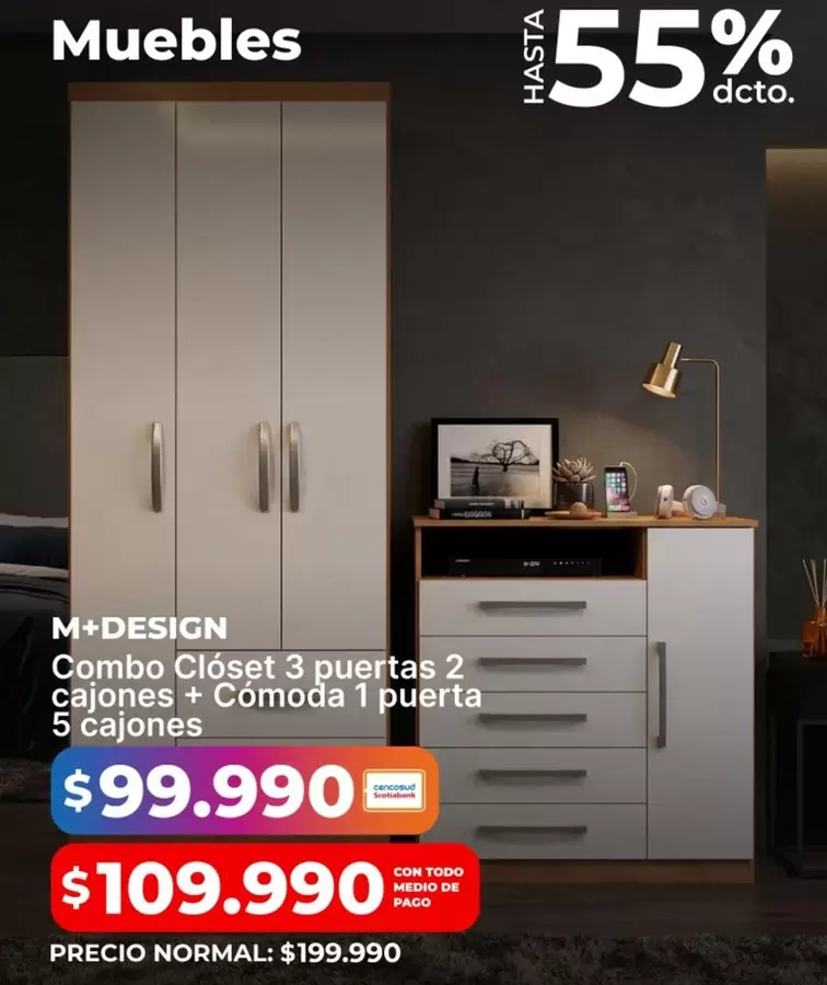 Combo Closet 3 Puertas 2 Cajones + Comoda 1 Puerta 5 Cajones