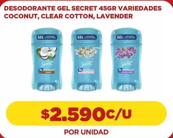 Secret - Desodorante Gel  Variedades Coconut, Clear Cotton, Lavender
