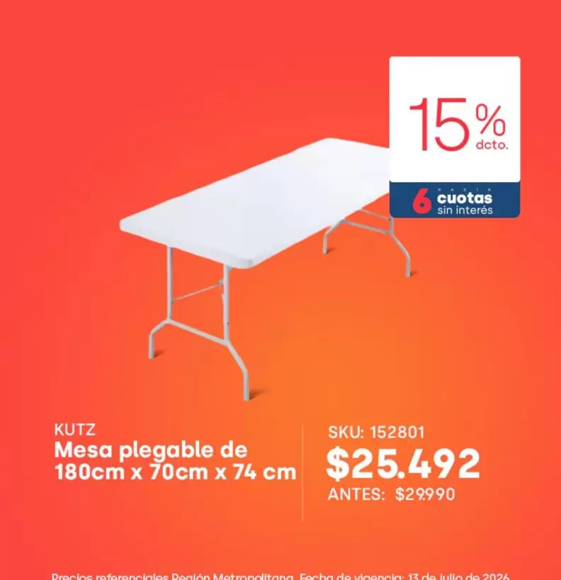 Mesa Plegable De 180cm X 70cm X 74 Cm
