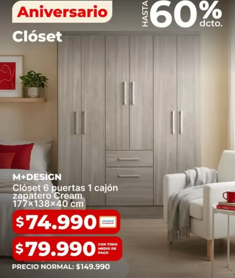 Closet 6 Puertas 1 Cajon Zapatero Cream 177x138x40 Cm