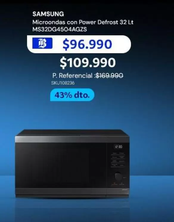 Samsung - Microondas Con Power Defrost 32l Mtb33d4504azes