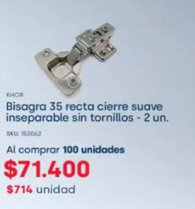 Suave - Bisagra 35 Recta Cierre Inseparable Sin Tornillos