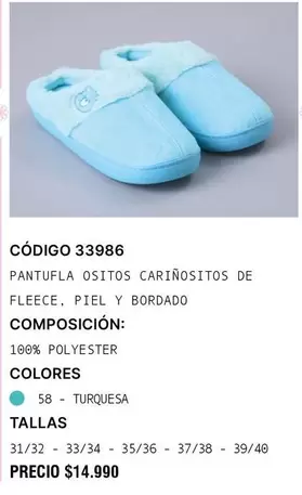Pantufla Ositos Carinositos De Fleece, Piel Y Bordado Composicion: 100% Polyester Colores