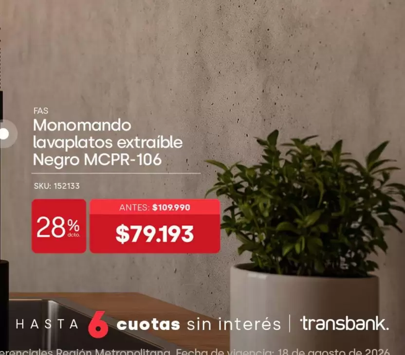 Monomando Lavaplatos Extraible Mcpr-106