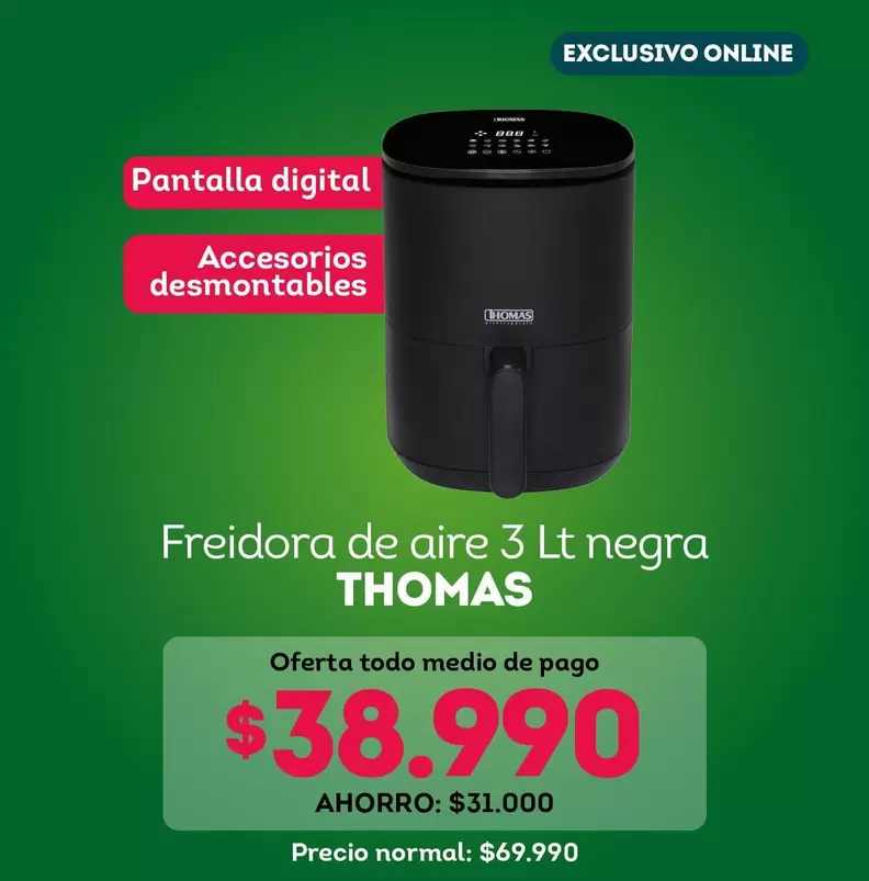 Thomas - Freidora de aire 3 lt negra