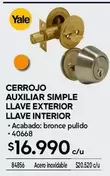 Yale - Cerrojo Auxiliar Simple Llave Exterior Llave Interior