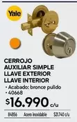Yale - Cerrojo Auxiliar Simple Llave Exterior Llave Interior