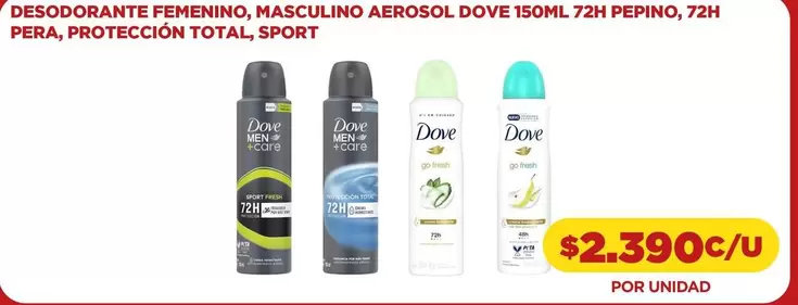 Dove - Desodorante Femenino, Masculino Aerosol  150ml 72h Pepino, 72h Pera, Proteccion Total, Sport