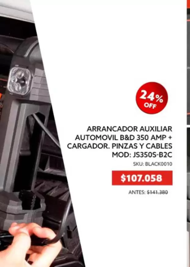 Arrancador Auxiliar Automovil Bbd 350 Amp + Cargador. Pinzas Y Cables Mod. Js350s-b2c