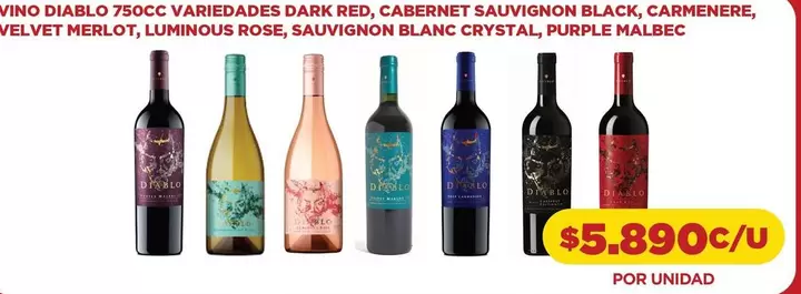 Carmenere - Vino Diablo 750cc Variedades Dark Red, Cabernet Sauvignon Black, Carmière, Velvet Merlot, Luminous Rosé, Sauvignon Blanc Crystal, Purple Malbec