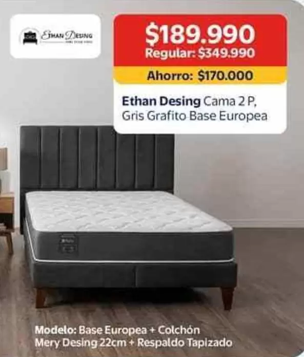 Ethan Desing Cama 2 P, Gris Grafito Base Europea