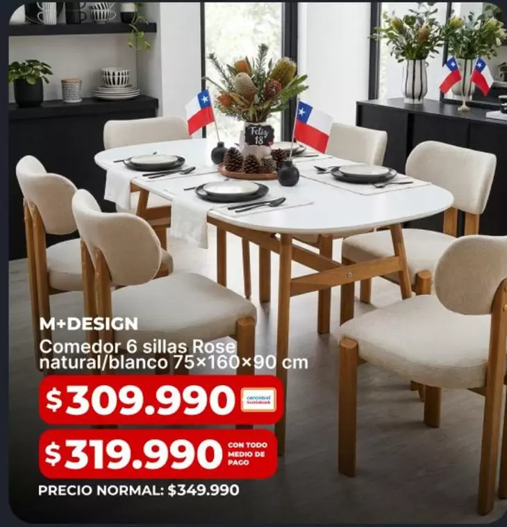 Comedor 6 Sillas Rose Natural/blanco