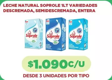 Soprole - Leche Natural 1Lt Variedades Descremada, Semidescremada, Entera