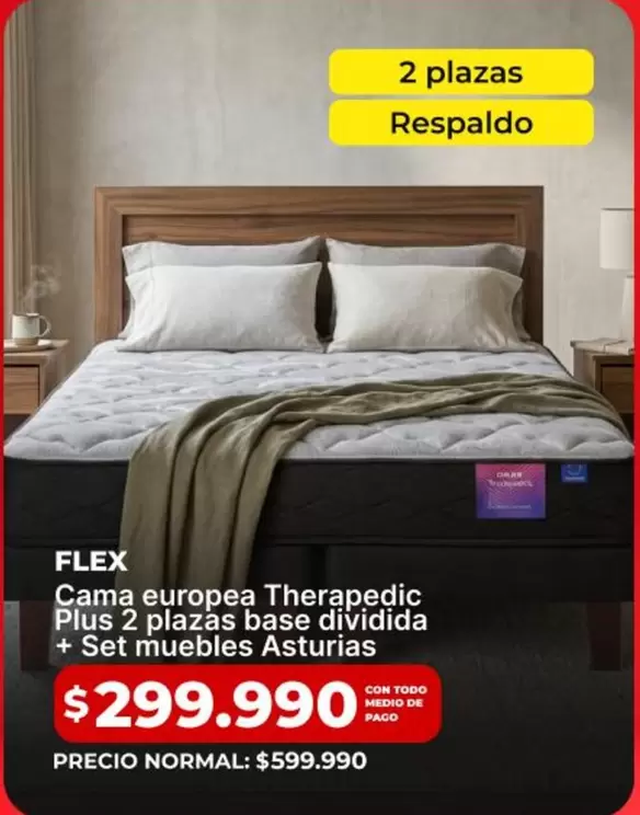Flex - Cama Europea Therapedic Plus 2 Plazas Base Dividida + Set Muebles Asturias
