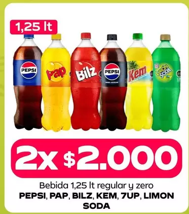 Pepsi - Bebida 1.25 lt regular y zero, pap,pilz,kem,7up,limon Soda
