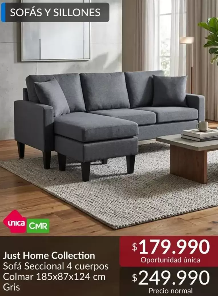 Just Home Collection Sofa Seccional 4 Cuerpos Colmar 185x87x124 Cm Gris
