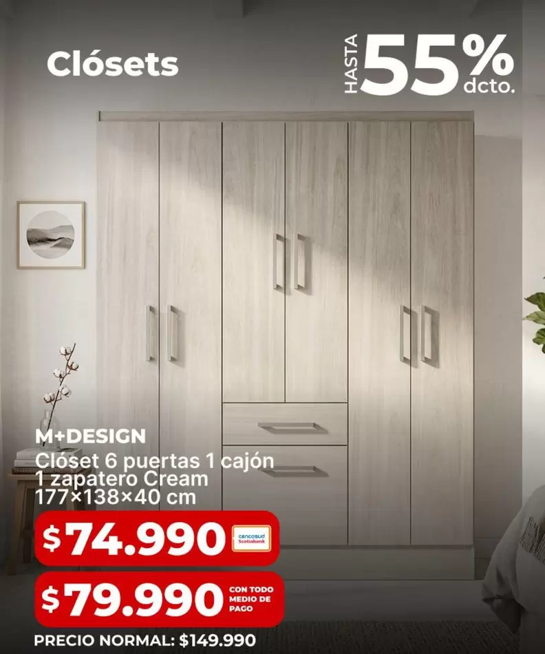 Clóset 6 Puertas 1 Cajon 128patero Cream