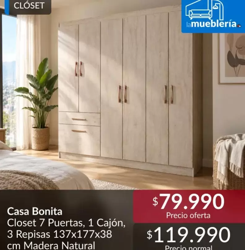 Closet 7 Puertas, 1 Cajon, 3m Madera Natural