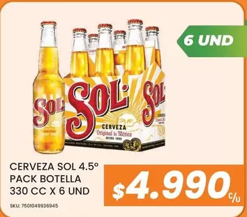 Sol - Cerveza 4.5° Pack Botella 330 Cc X 6 Und