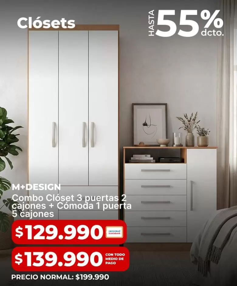 Combo Closet 3 Puertas 2 Cajones + Comoda 1 Puerta S Cajones