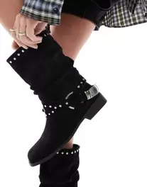 ASOS DESIGN Alara slouchy flat biker boot with hardware in black